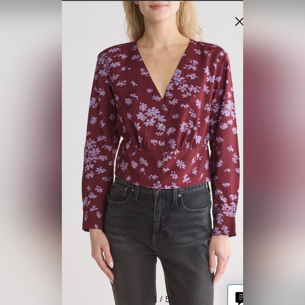 Madewell V-Neck Button-Front floral Shirt Size Xxs- Cabernet